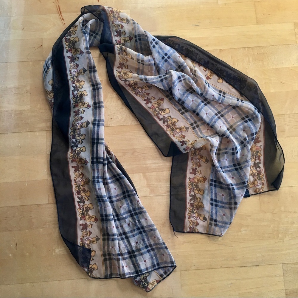 Teddy Bear and Plaid Semi Sheer Scarf, Brown, Tan, Black, Red
